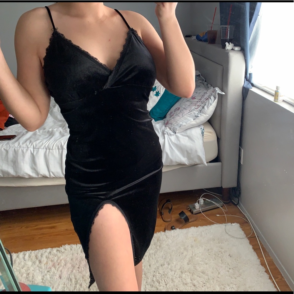 Velvet black slit dress ..”